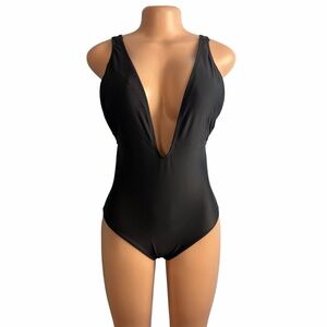 Zeraca Black Deep V Plunge One-Piece Swimsuit